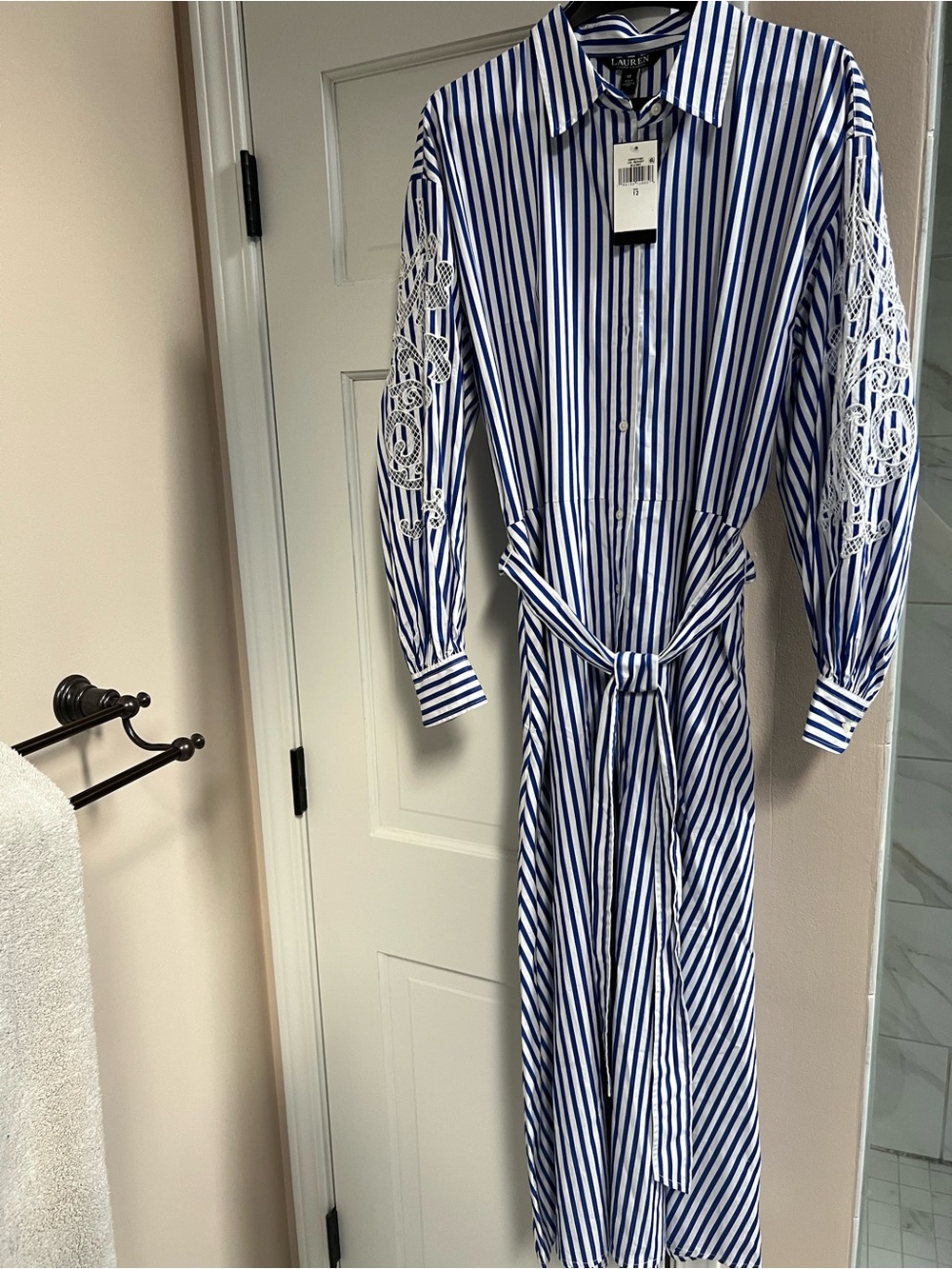 Lauren Ralph Lauren Blue & White Striped Maxi Shirt Dress with Lace Sleeve - Picture 3 of 7